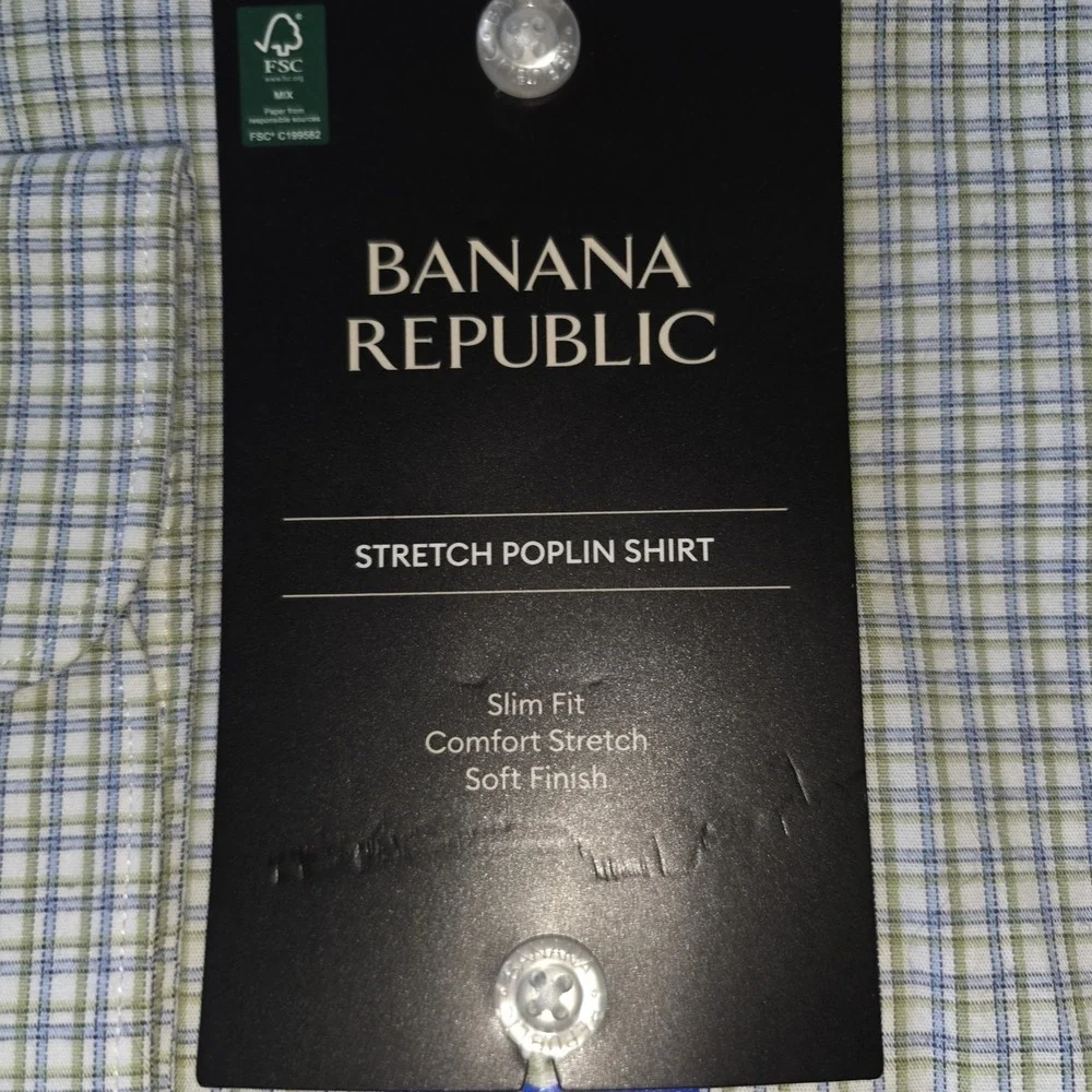 Banana Republic Stretch Poplin Shirt,‎  Green, Large Slim Fit
